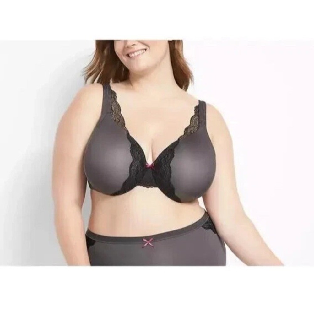Cacique Bra 40DD Dark Gray Lace Smooth Lightly Lined Full Coverage Underwire EUC